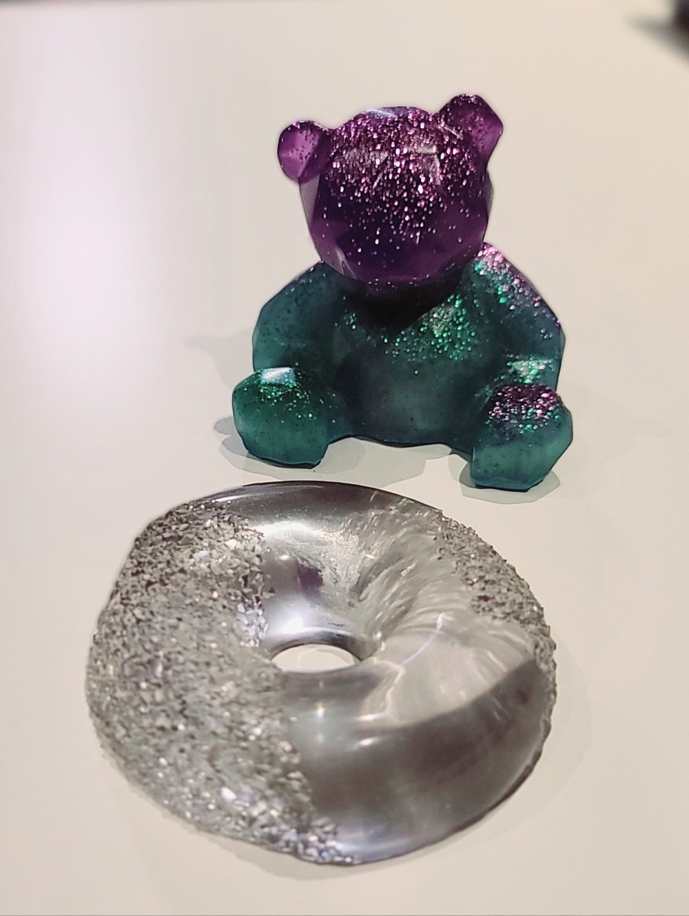 Handmade Purple & Teal Glitter Resin Bear Home Art Sculpture